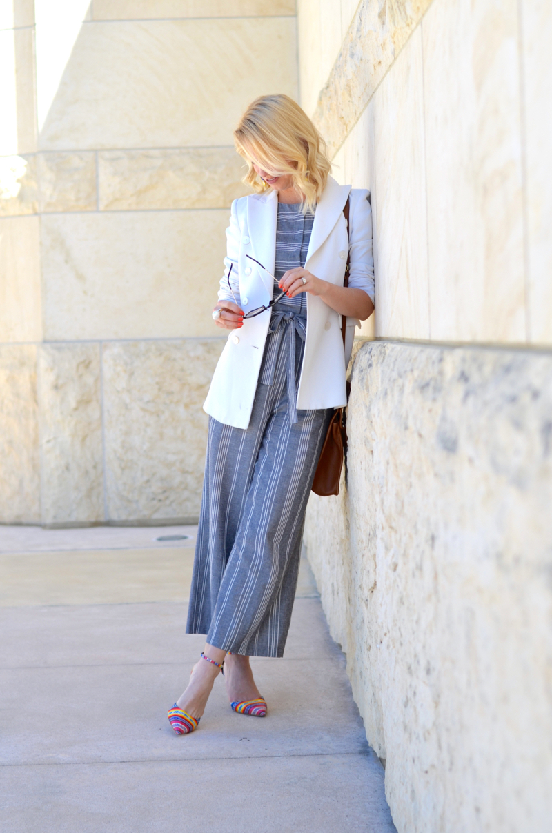 asos grey striped culotte jumpsuit, white blazer, colorful tabitha simmons heels, opus one winery // thestylesafari.com