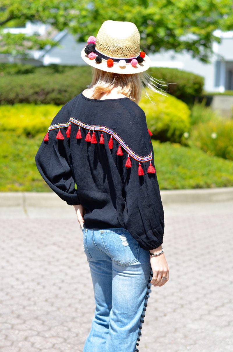 pom pom jeans, embroidered tassel top, DIY pom pom straw hat // thestylesafari.com