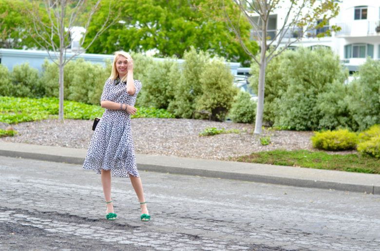 black white polka dot dress, green monarch butterfly fabric DIY box bag, banana republic green honey fringe sandal // thestylesafari.com