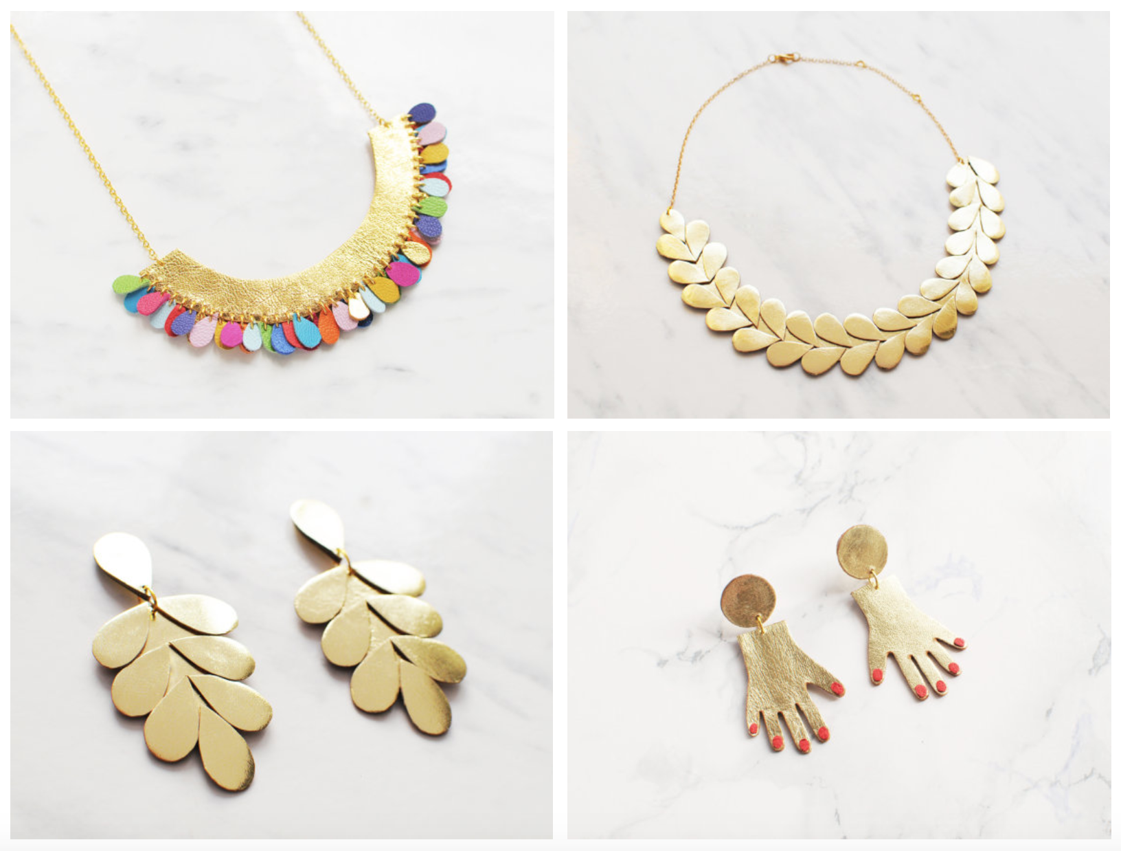 Benu Made gold leather jewelry on Etsy