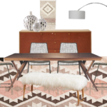 mid century modern bohemian dining room, shearling bench, leather west elm cabinet // thestylesafari.com