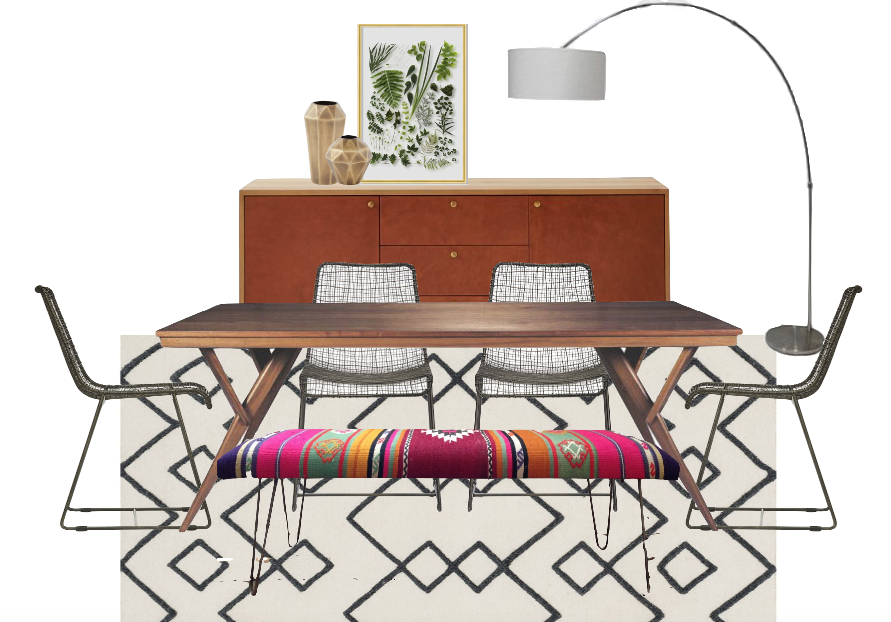 mid century modern bohemian moroccan colorful dining room, west elm white tile cabinet // thestylesafari.com