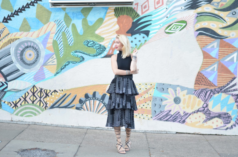 black and white tiered midi skirt, black sleeveless turtleneck, lace up gladiators // thestylesafari.com