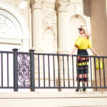 yellow off shoulder blouse, stripe apiece apart pencil skirt, street style // thestylesafari.com