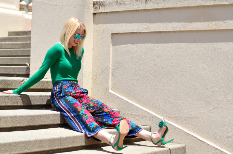 zara floral pants, green sweater, green fringe heels // thestylesafari.com