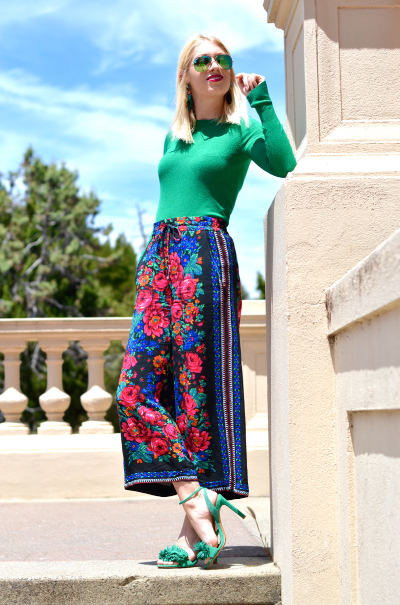 zara floral pants, green sweater, green fringe heels // thestylesafari.com