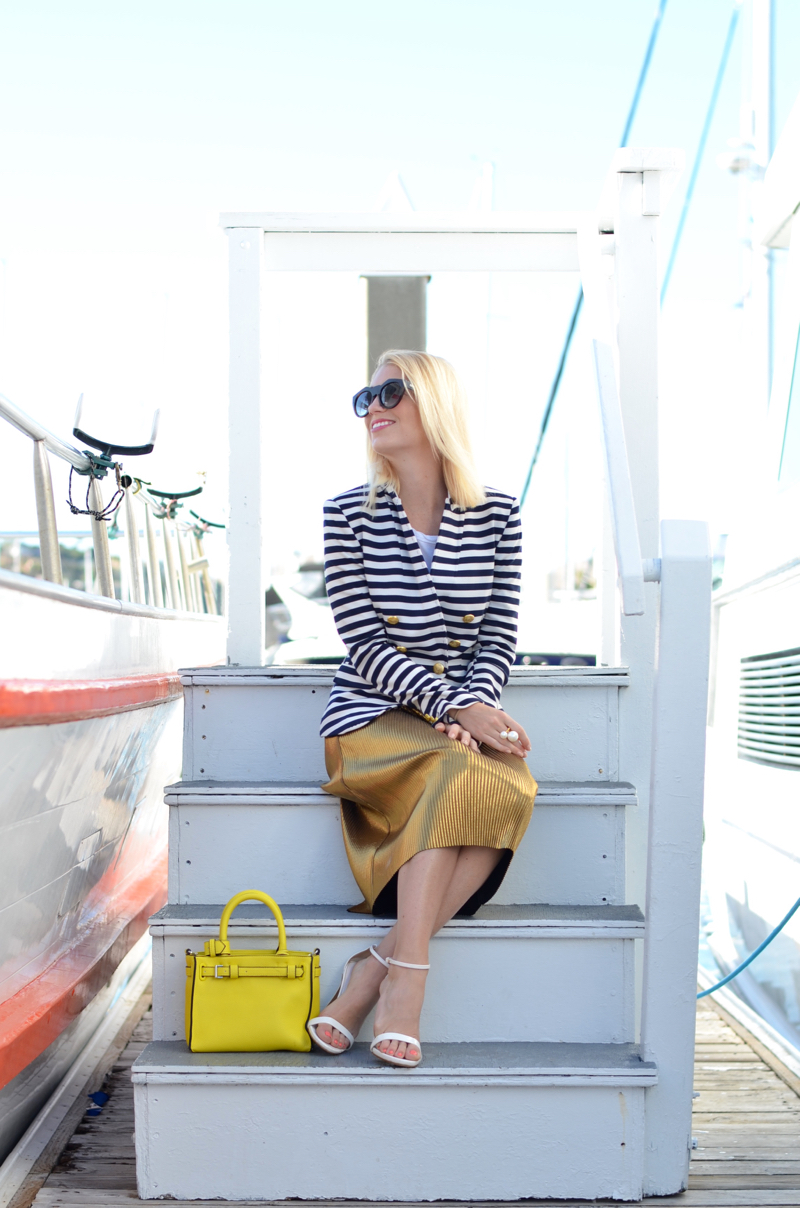 striped blazer, gold pleat skirt, nautical outfit // thestylesafari.com