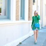 street style by Stefanie of the Style Safari featuring all green outfit with zara sweater and green sari print skirt, blue suede banana republic shoulder bag