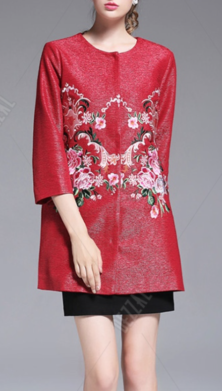 Dezzal Red Single Breasted Flower Embroidered Coat