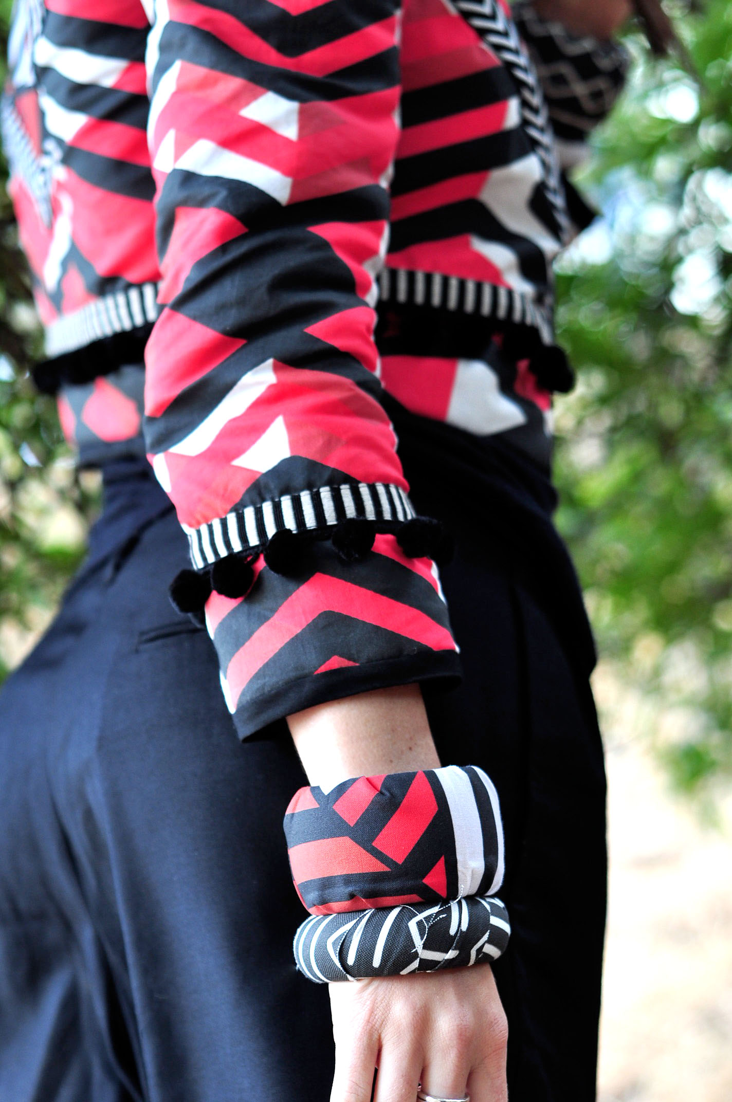 red black tribal print quilted jacket, handmade by Stefanie, fabric by The Style Safari on Spoonflower