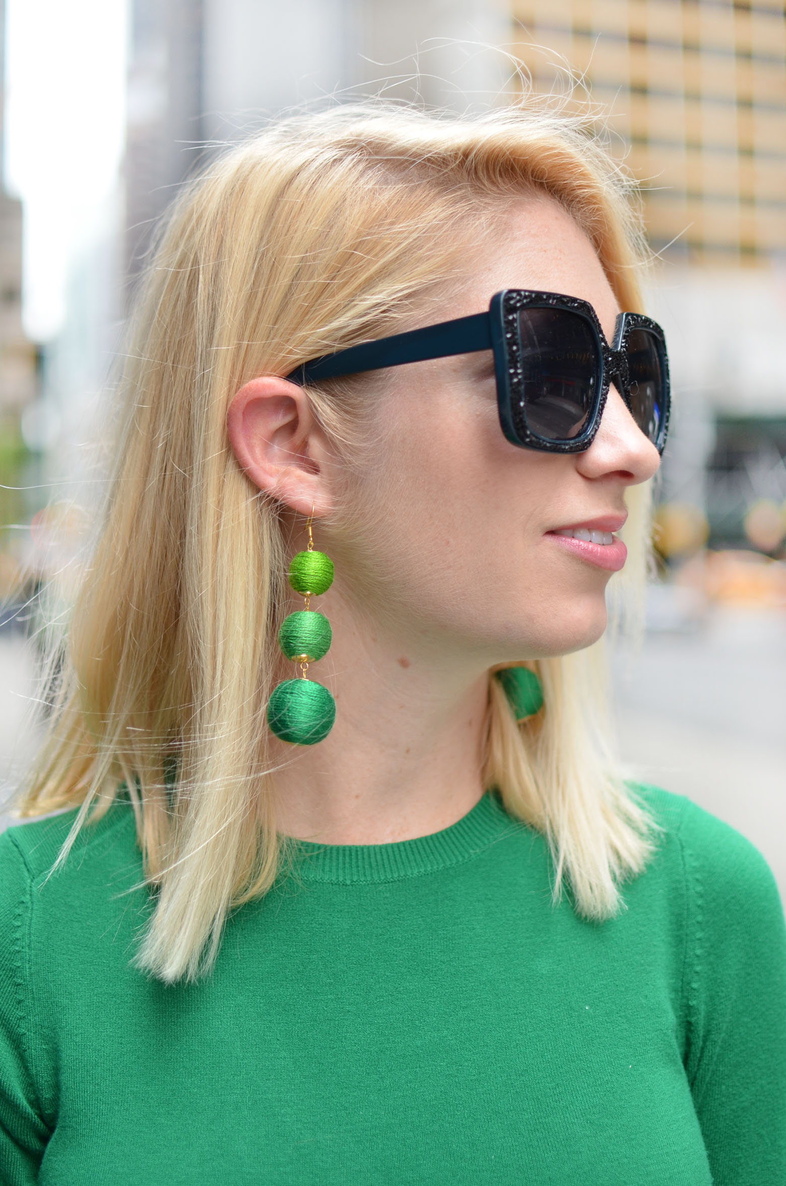 Stefanie from The Style Safari wears green DIY bauble earrings // thestylesafari.com