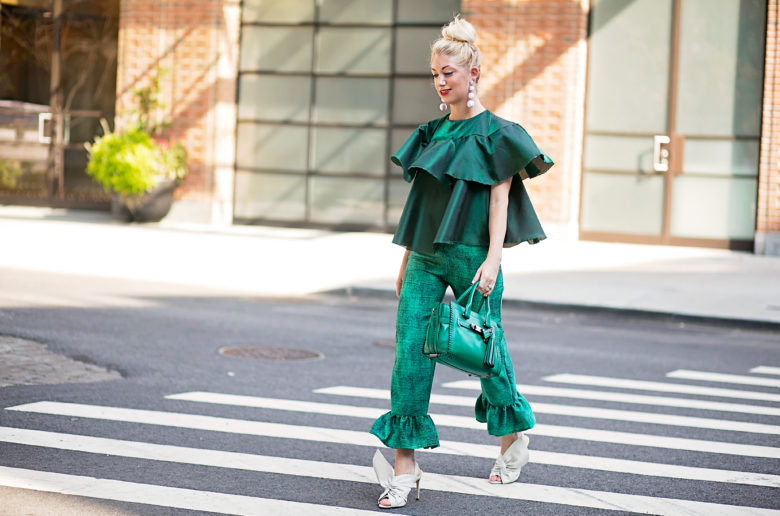 Green iridescent ruffle top and silk ruffle pants, made by Stefanie of The Style Safari, green Coach swagger bag