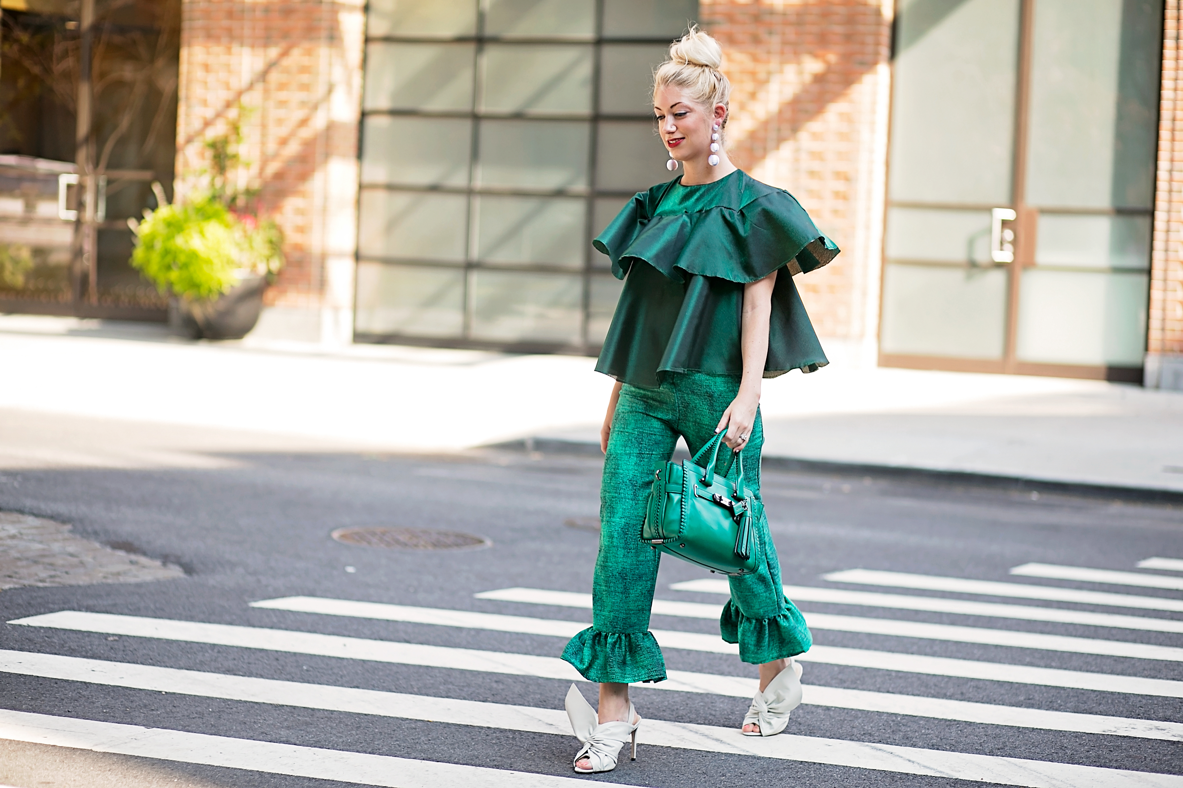 Green iridescent ruffle top and silk ruffle pants, made by Stefanie of The Style Safari, green Coach swagger bag