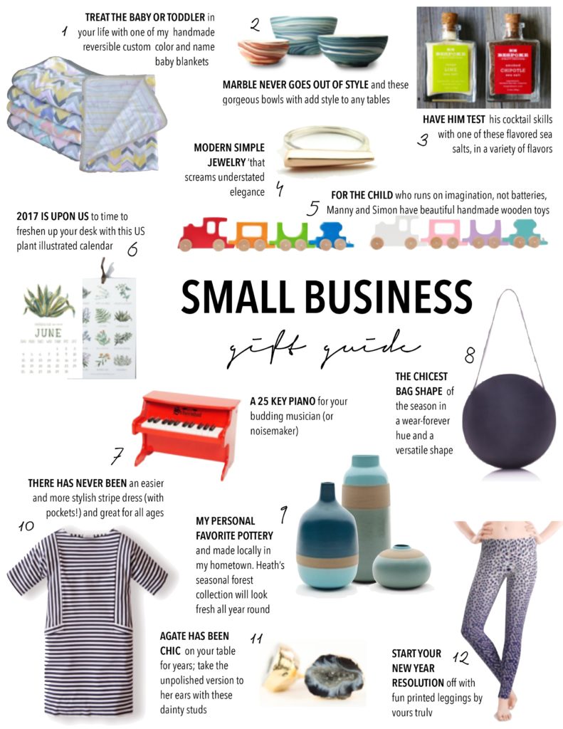 small business saturday gift guide, custom baby blanket, modern jewelry, lacson ravello stripe dress, manny and simon handmade wood toys, heath ceramics, flavored sea salts, artisan crafts, unique gifts, gift guide 