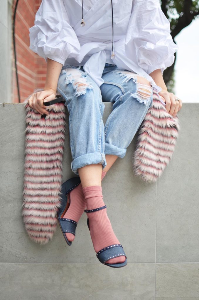 summer pieces remixed, off the shoulder white top, ripped jeans, open toe sandals, pink socks, pink faux fur scarf // thestylesafari.com