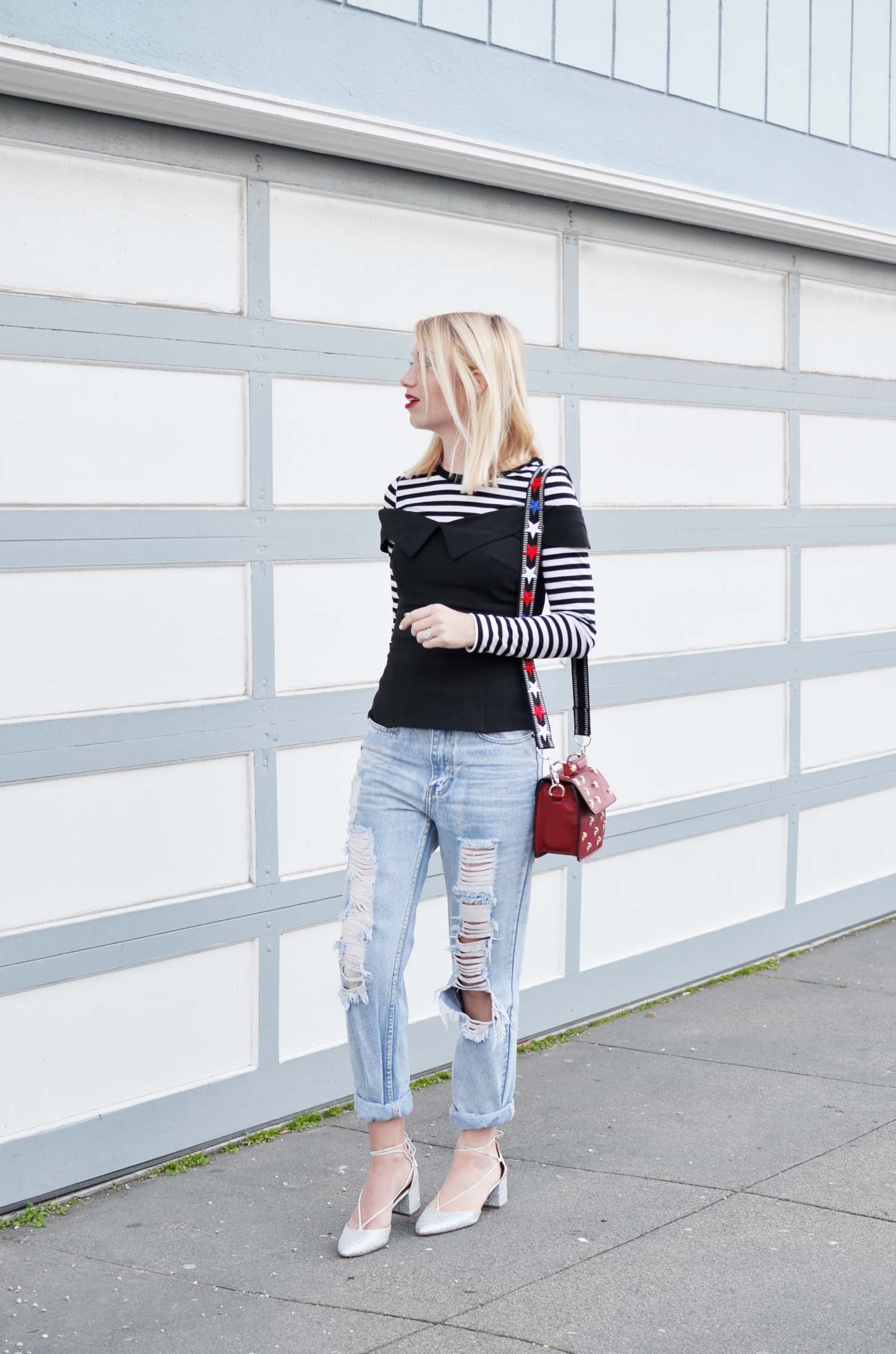 black and white striped shirt with jeans