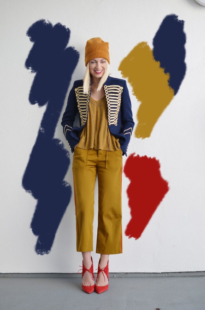 Military Trend, military jacket and mustard pants