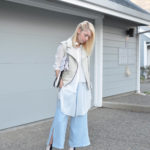 white layers outfit and striped boots, light blue culottes,