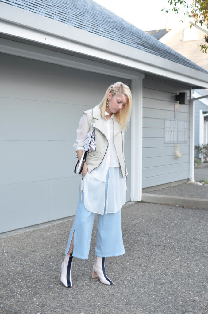 white layers outfit and striped boots, light blue culottes,