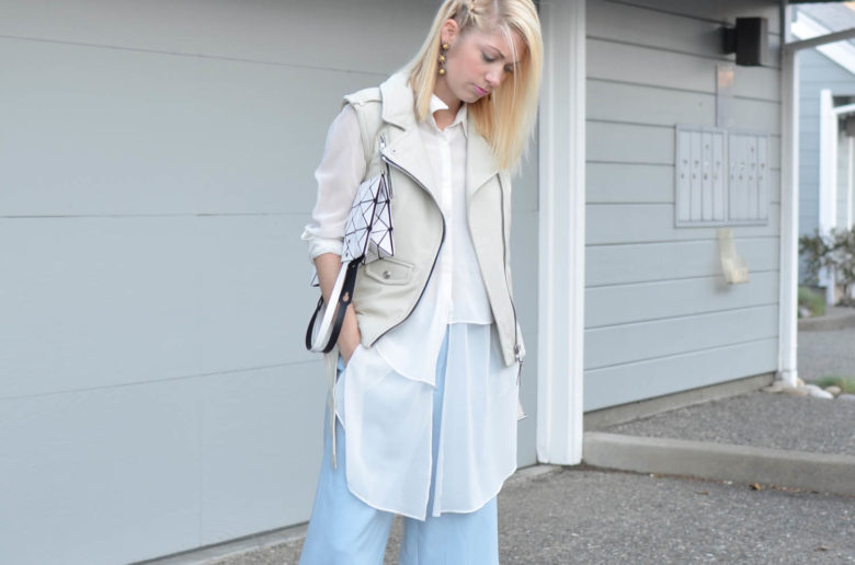 white layers outfit and striped boots, light blue culottes,