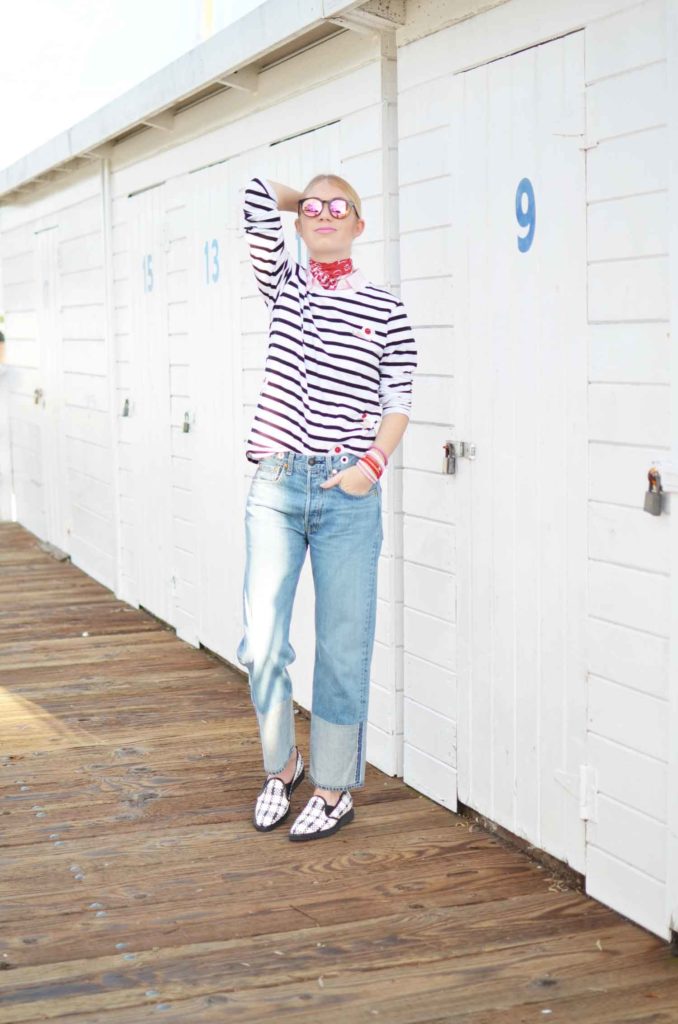 Casual French Style, casual classic style, stripe long sleeve tee, color block boyfriend jeans