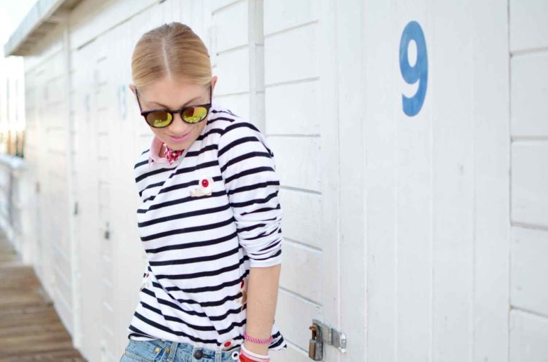 casual classic style, stripe long sleeve tee, color block boyfriend jeans
