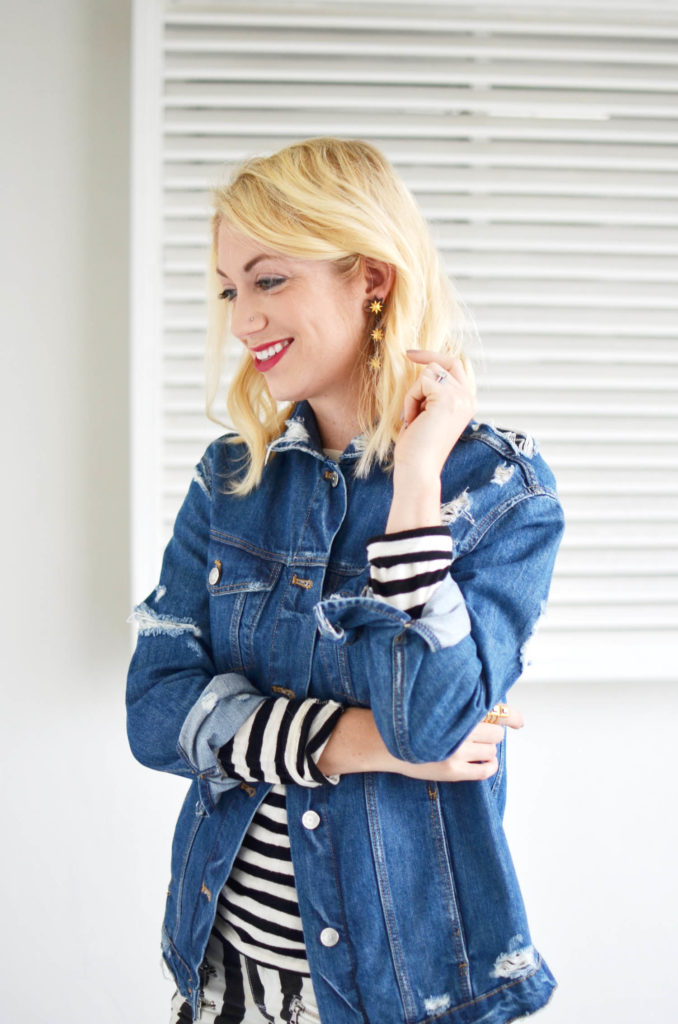 denim on stripes on stripes outfit, how to style stripes
