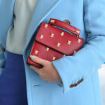 Sky Blue and Royal Blue outfit, red boots and purse