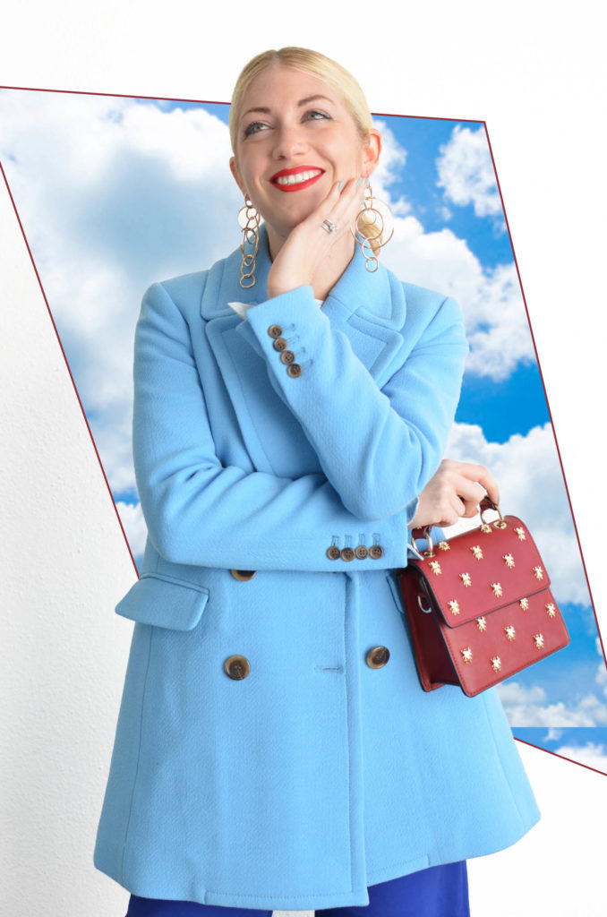 Sky Blue and Royal Blue outfit, red boots and purse