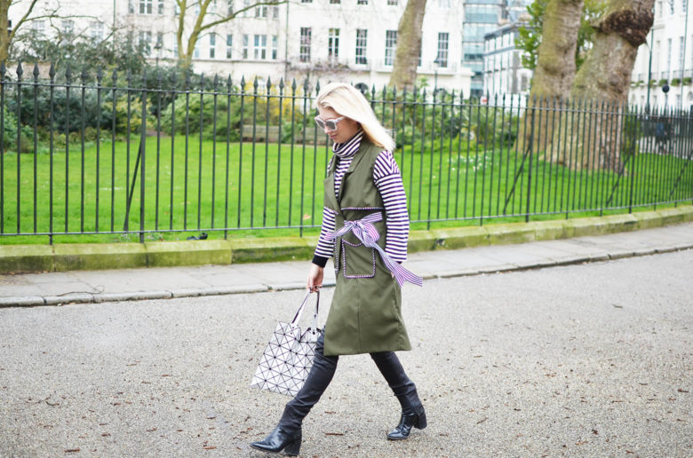 olive green vest, black and white stripe shirt, black leather leggings, handmade, sewing, exploring london in layers