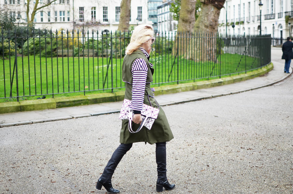 olive green vest, black and white stripe shirt, black leather leggings, handmade, sewing, exploring london in layers