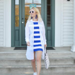 striped short dress and white mesh jacket at farmstead long meadow ranch in Napa Valley