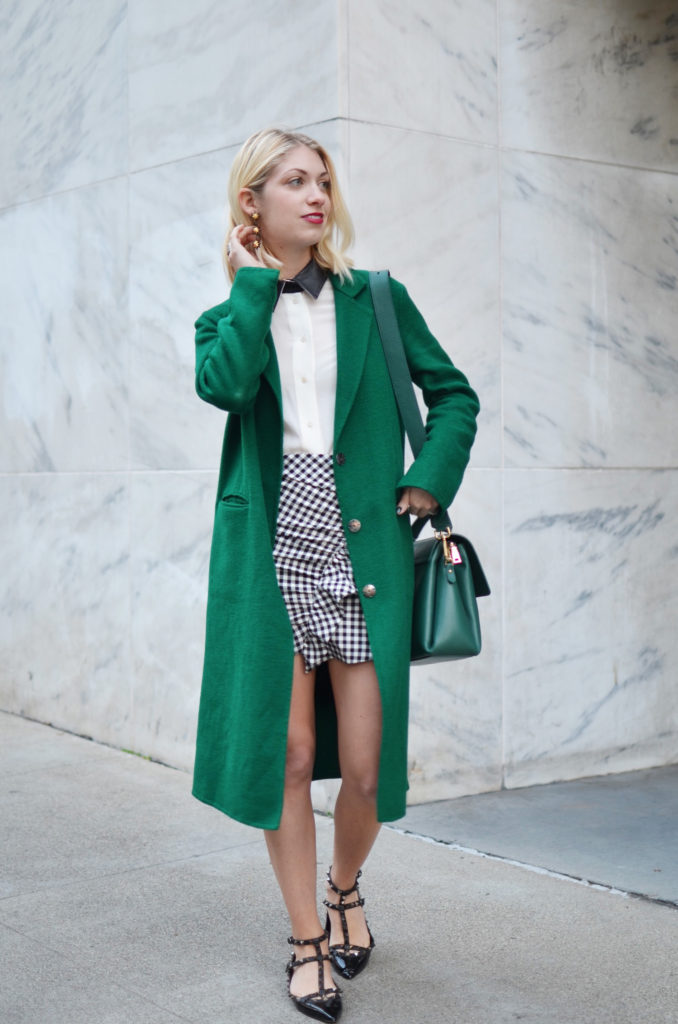 how to wear winter coats in spring, green long topcoat, gingham check, spring style, spring trends, valentino rockstud flats, how to wear gingham for spring