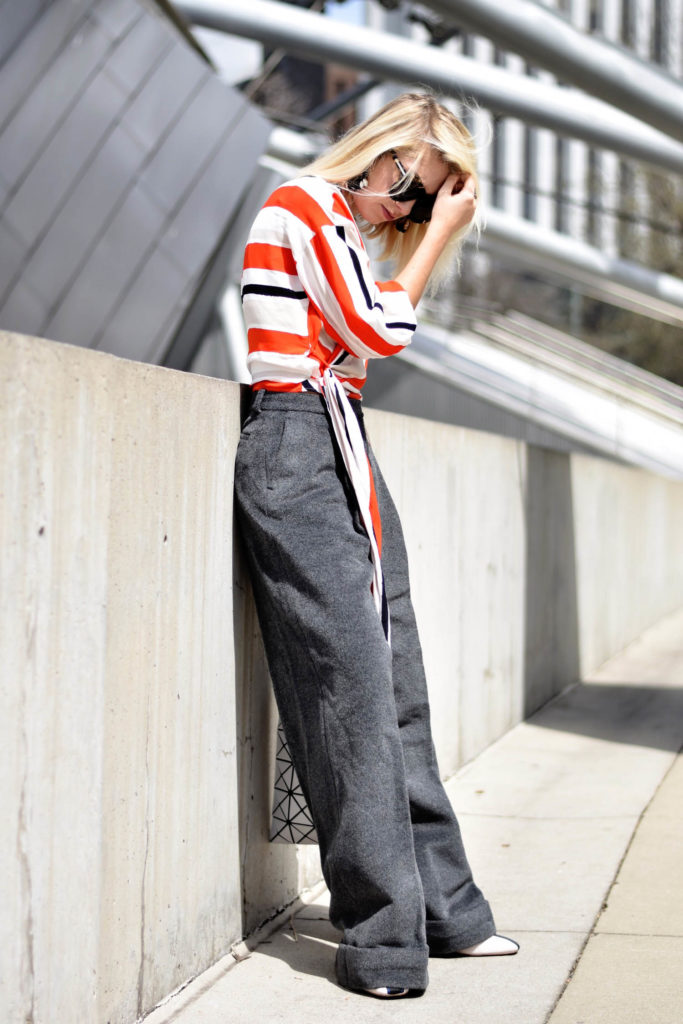 Red stripe wrap top, grey wide leg pants, chicago millennium park, fashion photography, 
