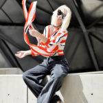 Red stripe wrap top, grey wide leg pants, chicago millennium park, fashion photography,