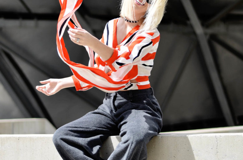 Red stripe wrap top, grey wide leg pants, chicago millennium park, fashion photography,