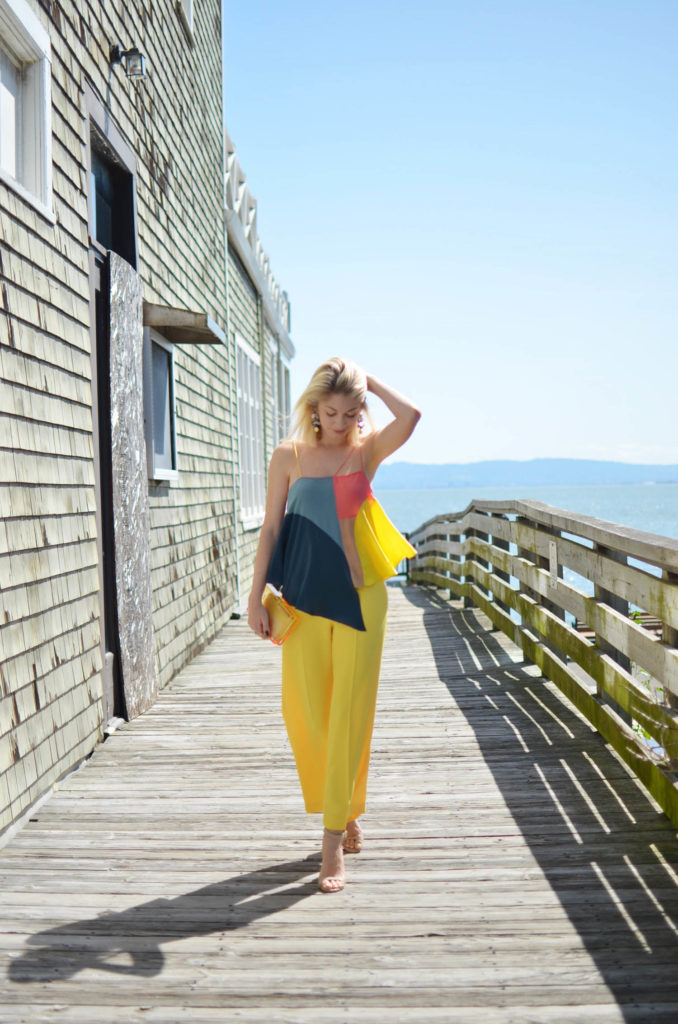 yellow color block look, anthropologie top, zara yellow pants, sausalito, fashion blogger, fashion photography, spring style, spring trends, yellow, what to wear for baby shower