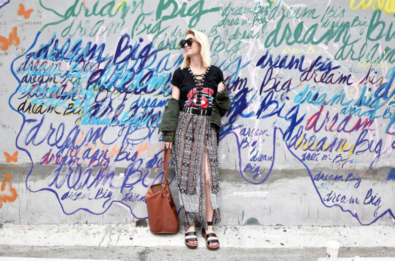 DIY easy sew maxi skirt, easy skirt pattern tutorial, easy sewing projects, animal print maxi skirt, reclaimed vintage tee, lace up tee, army green jacket, ASOS parachute jacket