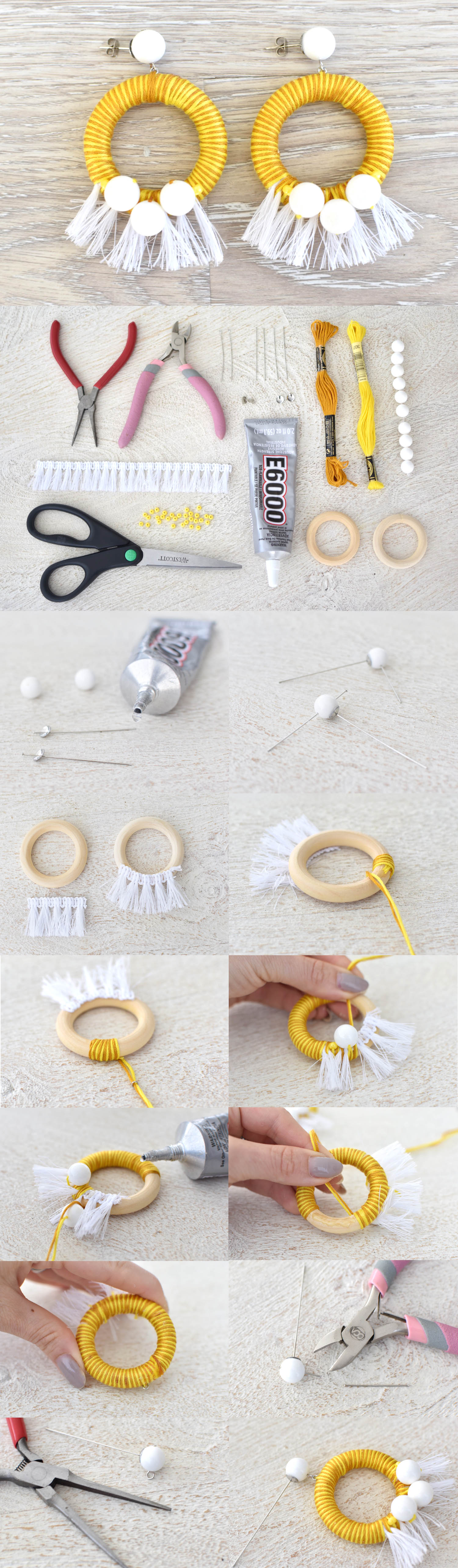 DIY Yellow White Tassel Hoop Earrings