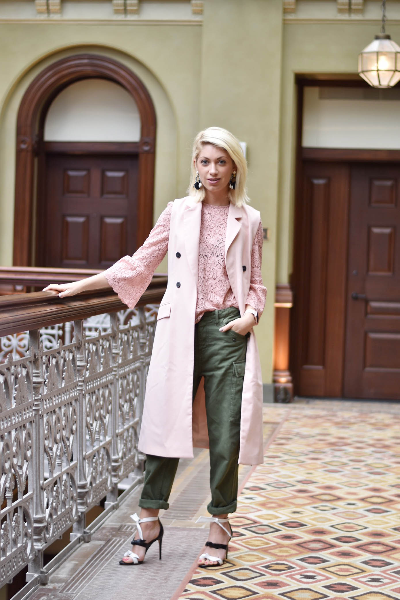 green cargo pants, blush pink vest, pink lace outfit