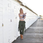 green cargo pants, embroidered white tank top