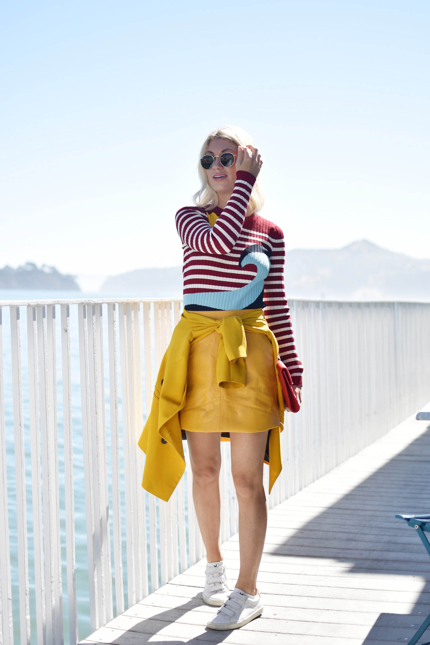 fall fashion trends: red valentino intarsia seaside stripe sweater and yellow skirt