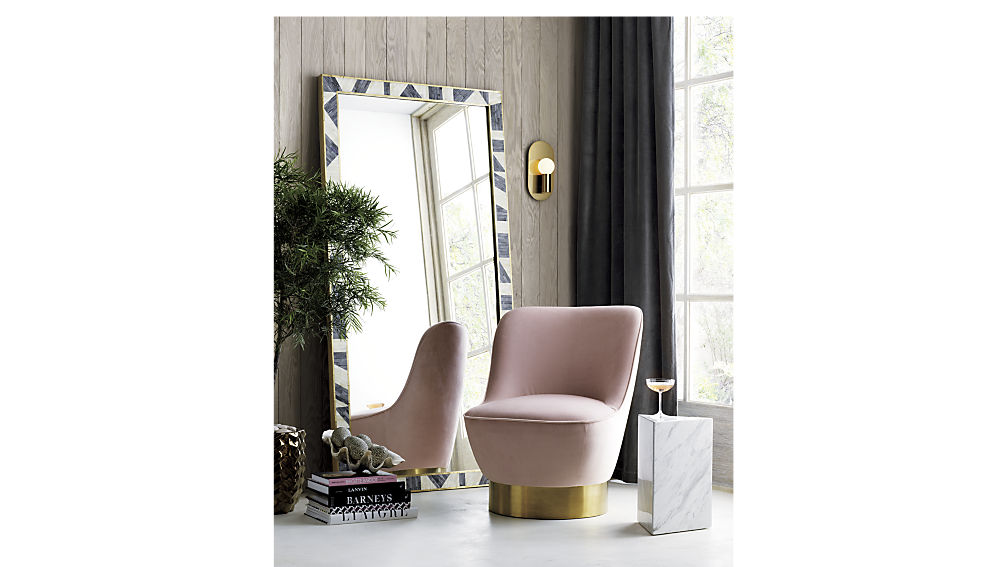 new CB2 bone inlay mirror and blush velvet chair