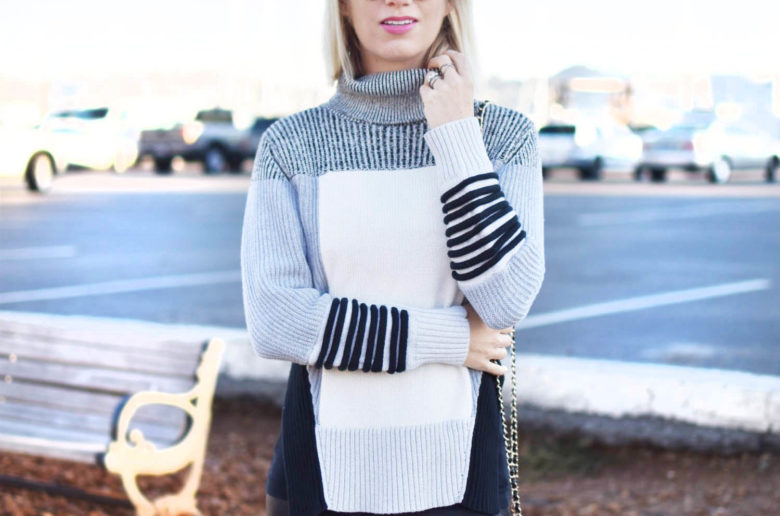 fall transitional style, black leather leggings, asilio color block sweater from rent the runway