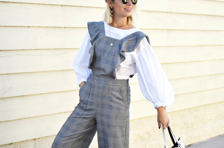 plaid ruffle jumpsuit, white sneakers, white balloon sleeve blouse