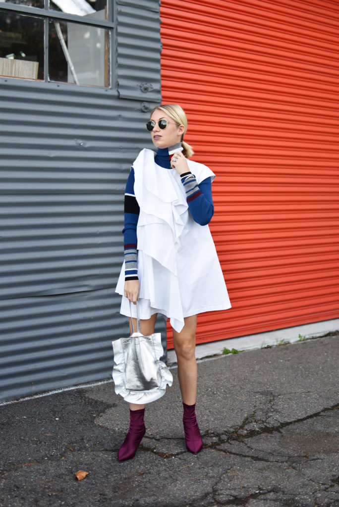 MSGM White Ruffle Dress, put a turtleneck under it, fall style tips, burgundy boots