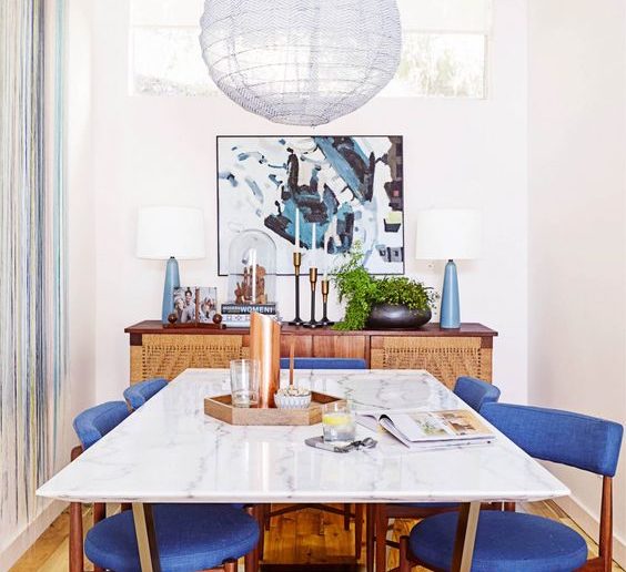 White or Wood Dining Table? Emily Henderson white marble dining table