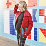 pregnancy style, maternity style, pregnancy fashion, rent the runway unlimited, red leather jacket