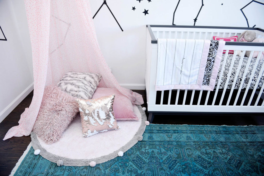 pink constellation nursery reveal, baby girl nursery, DIY nursery canopy