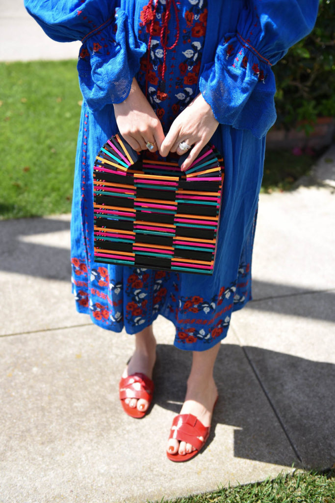 cult gaia colored bamboo bag, clothing as a reflection of self, blue embroidered ulla johnson dress